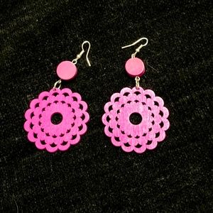 Large Fuschia Colored Wooden Earrings